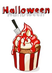 A Halloween card with a cupcake decorated with red icing and a sweet knife . Print for postcards and posters.cartoon