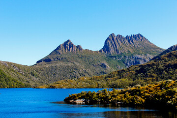View of Cradle Mountain behind Dove Lake Tasmania Australia. No people, space for copy.