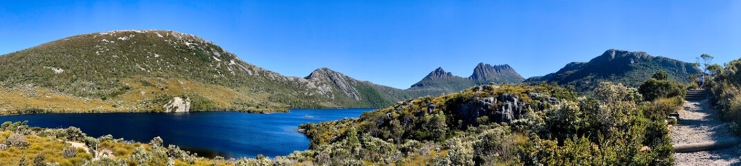 Naklejka na ściany i meble Panorama of Cradle Mountain and Dove Lake Tasmania Australia. No people. Space for copy