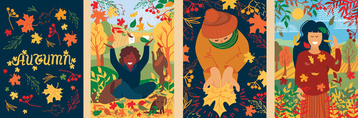 Autumn emotions when leaves fall. People enjoy the autumn season in nature. Set for poster, greeting card, header, for website. Sketch vector illustration