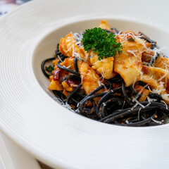 Black spaghetti spicy with squid sea food