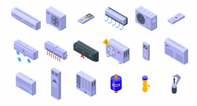 Repair air conditioner icons set isometric vector. Install heat. Industrial air