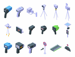 Speed radar icons set isometric vector. Alert camera. Digital car device