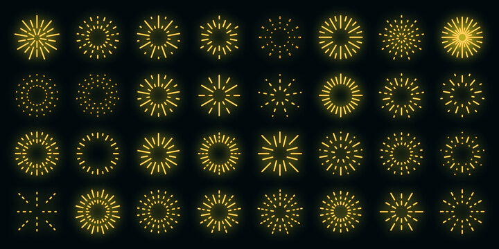 Firework icons set. Outline set of firework vector icons neon color on black