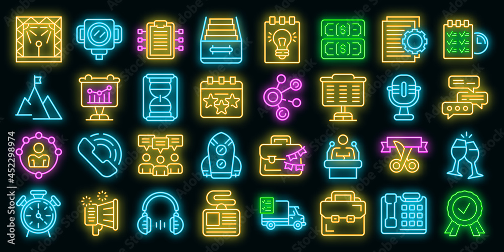 Poster event management icons set. outline set of event management vector icons neon color on black - Posters