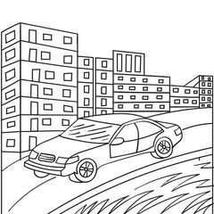 A car running on the city Coloring book for kids Vector illustration 