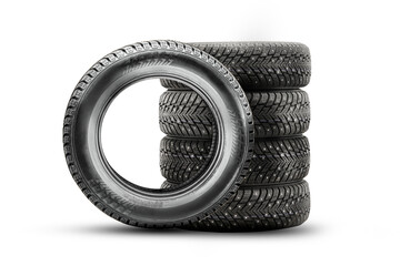 winter directional studded tires isolate, set stack on a white background 4 wheels, safety on ice