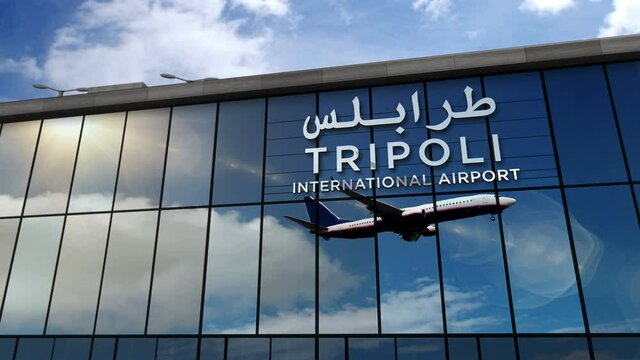 Jet aircraft landing at Tripoli, Libya 3D rendering animation. Arrival in the city with the glass airport terminal and reflection of the plane. Travel, business, tourism and transport concept.