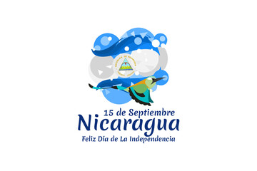Translation: September 15, Nicaragua, Happy Independence day. Happy Independence Day of Nicaragua vector illustration. Suitable for greeting card, poster and banner.