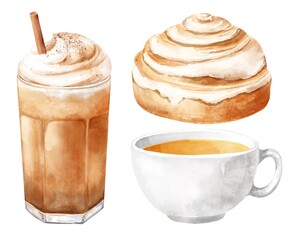 Pumpkin spice latte coffee, cinnamon roll and tea on white background. Fall season food illustration.