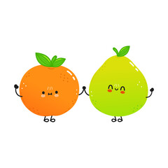 Cute happy mandarin and pomelo. Vector hand drawn doodle style cartoon character illustration icon design. Сard whith cute happy mandarin and pomelo. Friends concept