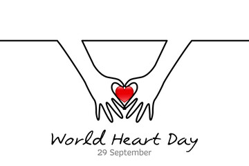 Minimal line World Heart Day. World Heart Day minimalist vector banner, poster, background with hands and hearts. One continuous line drawing with hand. Vector illustration. 