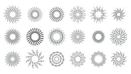 Obraz premium Set Abstract Collection Starburst Sunburst Sunset Black Line Doodle Design Elements Bursting Rays Sunrise Light Radiant Spark Vector Design Style