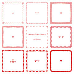 Vector set of square frames of red hearts