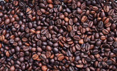 Brown and black coffee beans. Roasted arabic espresso coffee grains.