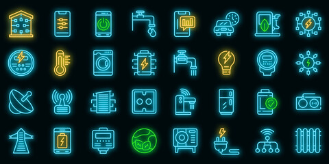 Smart consumption icons set. Outline set of smart consumption vector icons neon color on black