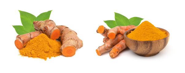 Turmeric (curcumin) rhizomes, powder, and green leaves isolated on white background, Used for cooking and as herbal medicine, natural fabric dye, collection.