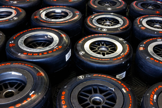 Firestone Firehawk tires prepared for racing. Firestone tires are the exclusive tire of IndyCar.