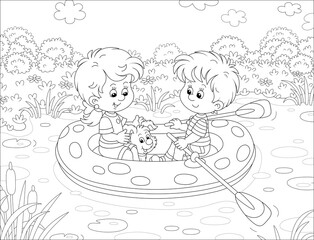 Happy little girl and boy with their merry pup riding an inflatable boat on a small lake in a pretty countryside on summer vacation, black and white vector cartoon for a coloring book page