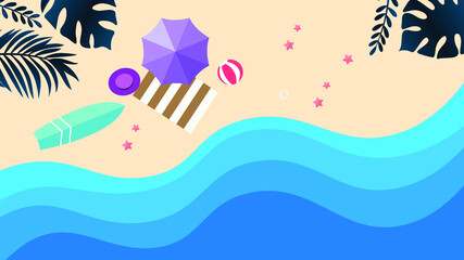 Top view beach background with umbrellas,balls, Summer time fun concept design. Creative background of landscape