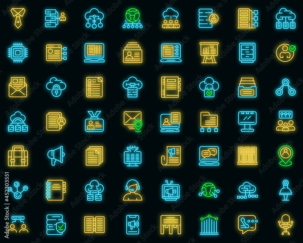 Poster customer database icons set. outline set of customer database vector icons neon color on black