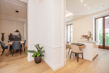 Panoramic image of a vacation rental apartment overlooking the kitchen and dining room from the hall with a zamioculca on the floor
