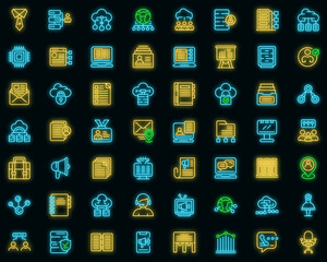 Customer database icons set. Outline set of customer database vector icons neon color on black