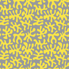 Grijs naadloos patroon met gele vloeiende vormen. Moderne print voor stof.