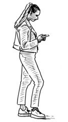 Contour drawing of casual modern city girl standing outdoors and looking at her smartphone
