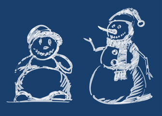 Doodle contour drawings of watercolor brush of cartoon cheerful christmas snowmen