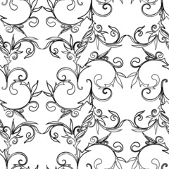 Seamless background of outlines ornate vintage twigs with tendrils,swirls and leaves
