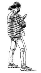 Sketch of casual modern urban woman in mask standing outdoors and looking at her smartphone
