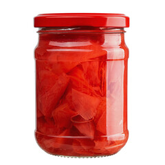 Pickled ginger in a glass jar close up isolated on white background. Traditional Japanese condiment for sushi. Healthy eating. Front view.