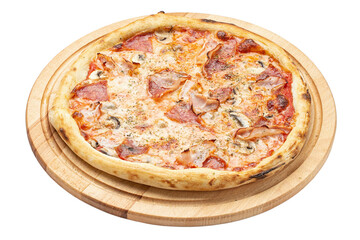 Delicious pizza served on wooden plate isolated on white background. Pizzeria menu. Concept poster for Restaurants or pizzerias.