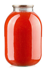 Jar with tomato juice isolated on white.