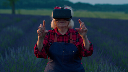 Senior grandmother farmer in virtual reality helmet in field of lavender flowers. Elderly woman wearing VR glasses for digital management of greenhouse cultivation. VR technologies modern agribusiness