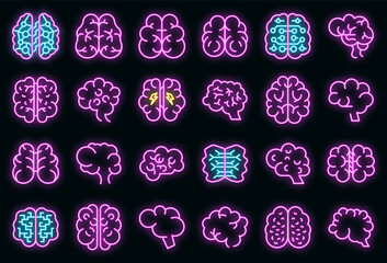 Human brain icons set. Outline set of human brain vector icons neon color on black