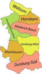 Simple pastel vector map with black borders and names of districts of Duisburg, Germany