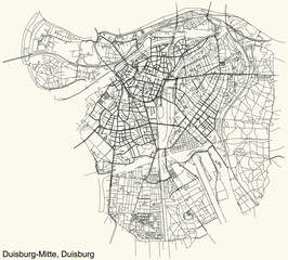 Fototapeta na wymiar Black simple detailed street roads map on vintage beige background of the quarter Duisburg-Mitte (center) district of Duisburg, Germany