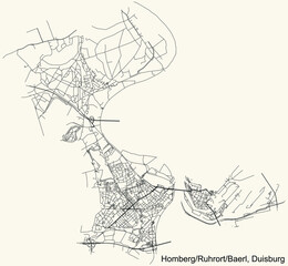 Black simple detailed street roads map on vintage beige background of the quarter Homberg/Ruhrort/Baerl district of Duisburg, Germany