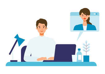 Vector illustration of businessman having communication via telecommuting system.