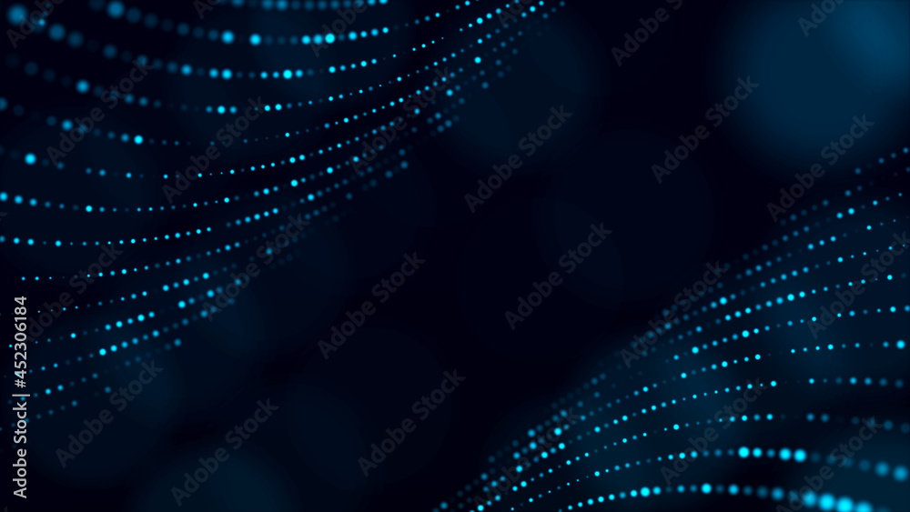 Poster digital background with movement of glowing particles. complex technologies of big data. 3d renderin