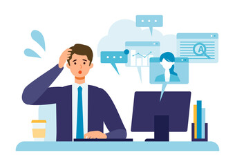 Multitasking businessman working on computer.