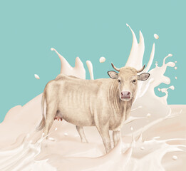 vache, laitière,  au milieu du giclée du lait, rivière, exploitation, crème, jus de coco, isolé, blanc, illustration, giclée, giclée du lait-coco, lait, clapoter, conception, liquide, vague, noir, mou