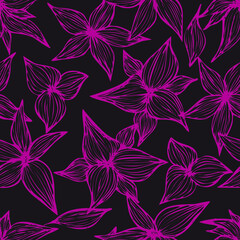 Elegant seamless pattern with hand drawn flowers. Pattern for wallpaper, wrapping paper, background, print, fabric, greeting cards  Line art ink drawing in lilac and pink. Vector illustration.