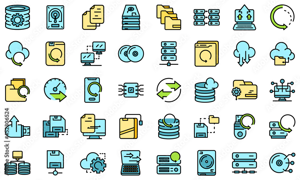 Poster backups icons set. outline set of backups vector icons thin line color flat on white