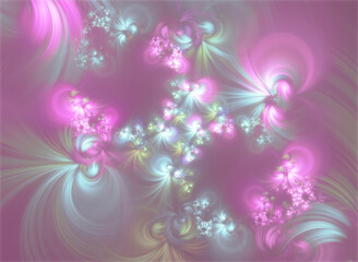 Abstract fractal art background which suggests a floral pattern, in pretty pastel pink, silver and green colors.