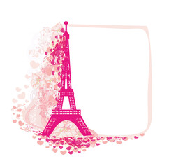 Fototapeta na wymiar Vintage retro Eiffel card - ornate pink frame with hearts and flowers
