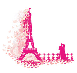 Fototapeta na wymiar Romantic couple in Paris - decorative card