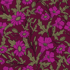 vector illustration seamless pattern,floral print with pink flowers and gray leaves on a dark burgundy background,for wallpaper,fabric or furniture